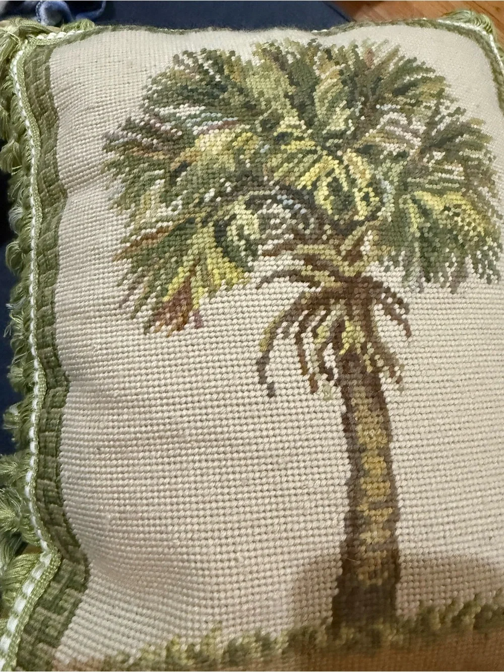 Needlepoint Palm Tree Decorative Throw Pillow with tassel fringe